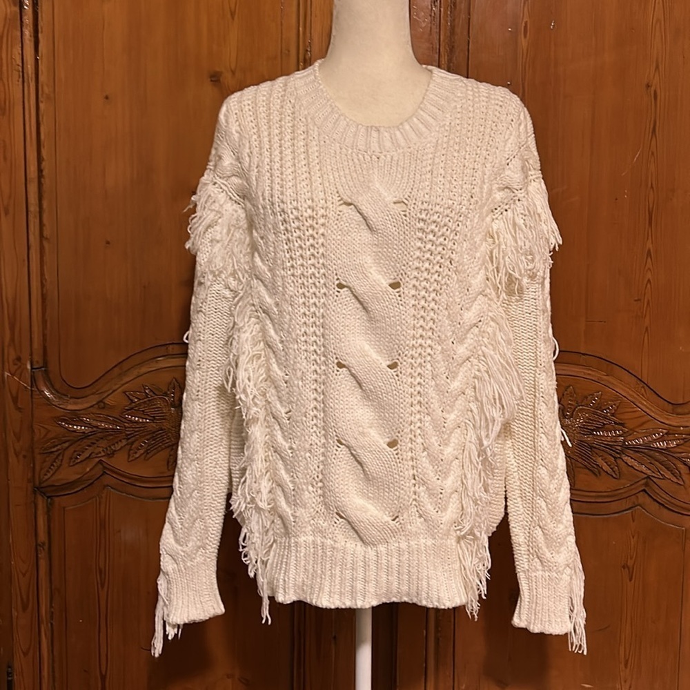 IRO White Fringe and Cable Knit Sweater Oversized XS